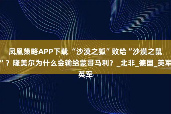 凤凰策略APP下载 “沙漠之狐”败给“沙漠之鼠”?隆美尔为什么会输给蒙哥马利?_北非_德国_英军